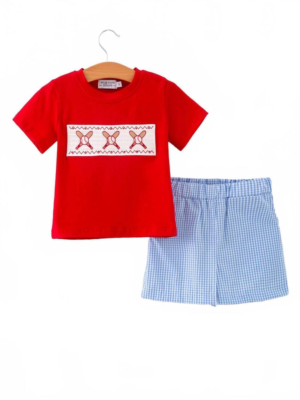 NEW RYLEE FAITH DESIGNS toddler boys baseball smocked tee and plaid shorts set i